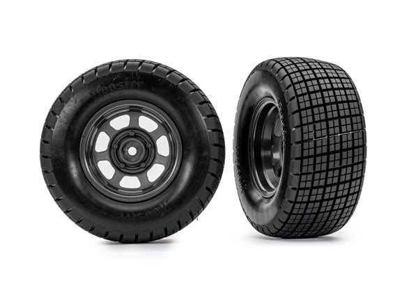 10473 Traxxas Hoosier Tires on graphite gray wheels (2) (2WD front)