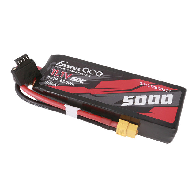 Batterie Lipo Gens Ace 5000 mAh 3S 60C 11,1 V G-Tech de taille courte avec prise XT60 (avec adaptateur TRX)