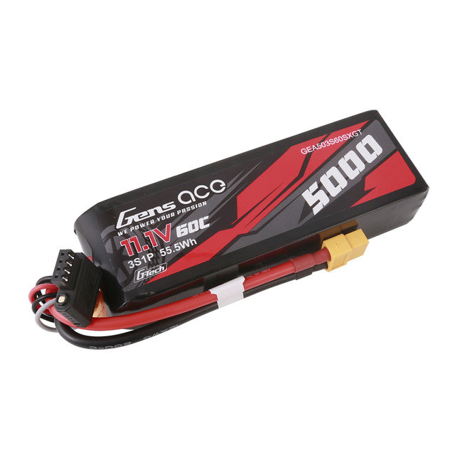 Batterie Lipo Gens Ace 5000 mAh 3S 60C 11,1 V G-Tech de taille courte avec prise XT60 (avec adaptateur TRX)