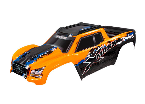 7811 Body, X-Maxx®, orange (painted, decals applied) (assembled with front & rear body mounts, rear body support, and tailgate protector)