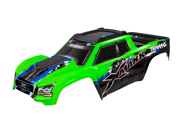 7811G Body, X-Maxx®, green (painted, decals applied) (assembled with front & rear body mounts, rear body support, and tailgate protector)