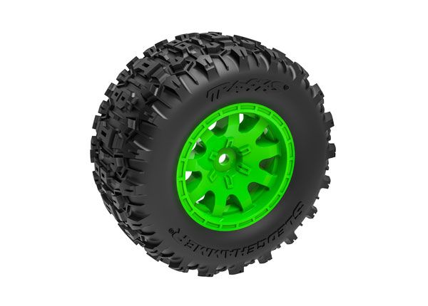 10770-GRN Traxxas Tires & wheels, assembled (green wheels)(rear)(2)