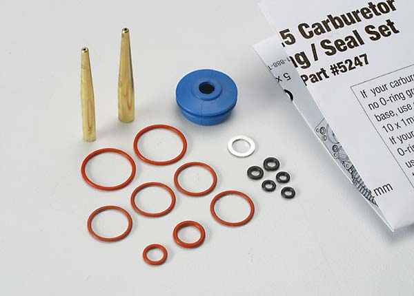 5247 O-ring and seal set, carburetor/ O-rings: 2x1mm (3), 10x1mm (4), 2.5x1.15mm (2), 6.2x1.2mm (1)/ 5x.9mm O-ring installation tool/ 5.3x7.8x.6mm crush washer (2)/ carburetor dust boot (1) (TRX2.5, 2.5R)