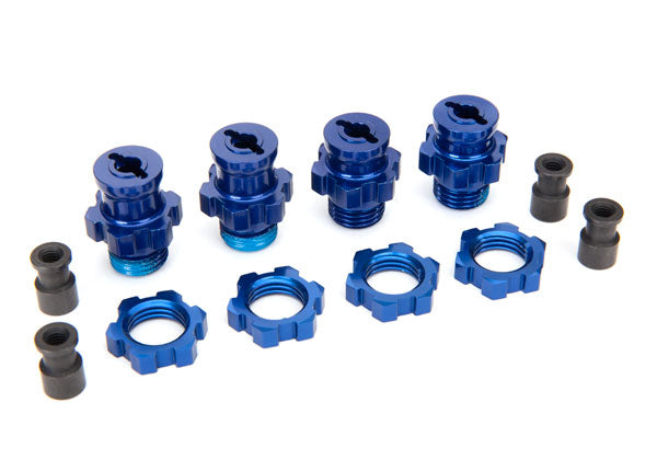 5853X Wheel hubs, splined, 17mm, short (2), long (2)/wheel nuts, splined, 17mm (4) (blue-anodized)/ hub retainer M4x0.7 (4)/axle pin (4)/wrench, 5mm