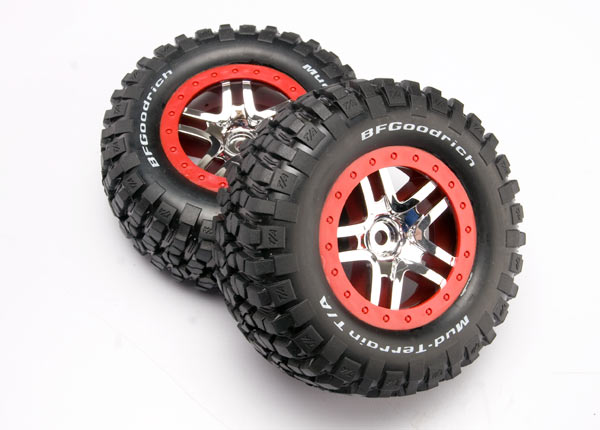 6873A Pneus et roues, assemblés, collés (SCT Split-Spoke chrome, roues rouges de style beadlock, pneus BFGoodrich® Mud-Terrain™ T/A® KM2, inserts en mousse) (2) (4RM avant/arrière, 2RM arrière)